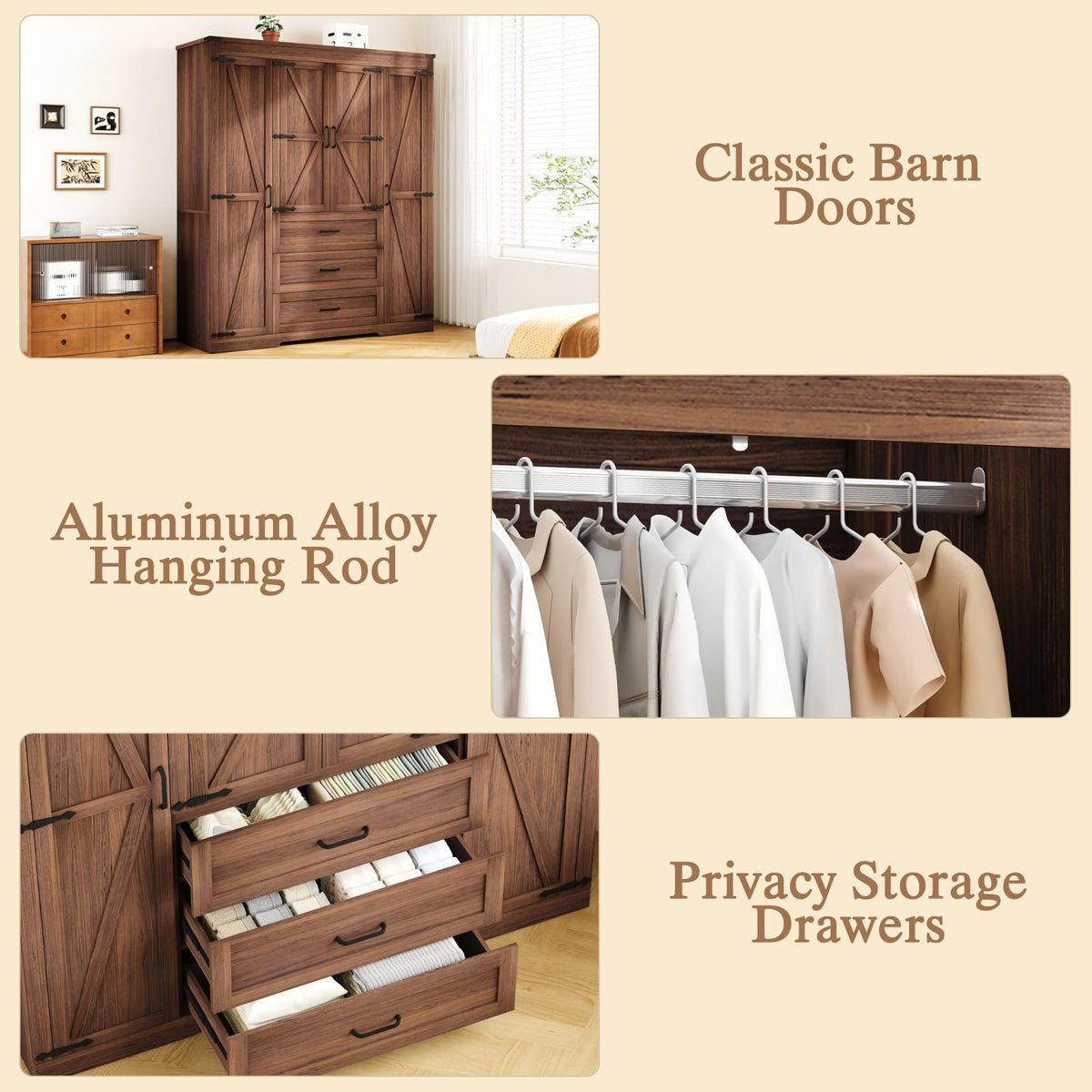 70" Tall Armoire Wardrobe Closet with 4 Doors & 3 Drawers, Farmhouse Bedroom Storage Cabinet with Hanging Rod