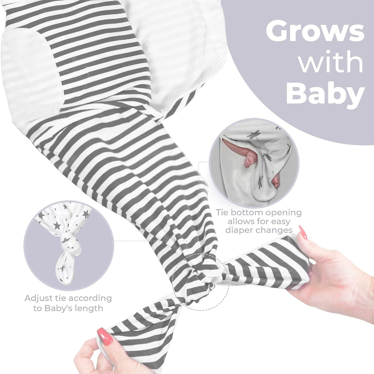 Organic Knotted Tie Bottom Adjustable Velcro Swaddle and Hat Set of 3, Newborn Sleep Sack (0-3m, 7-14lbs Grey)