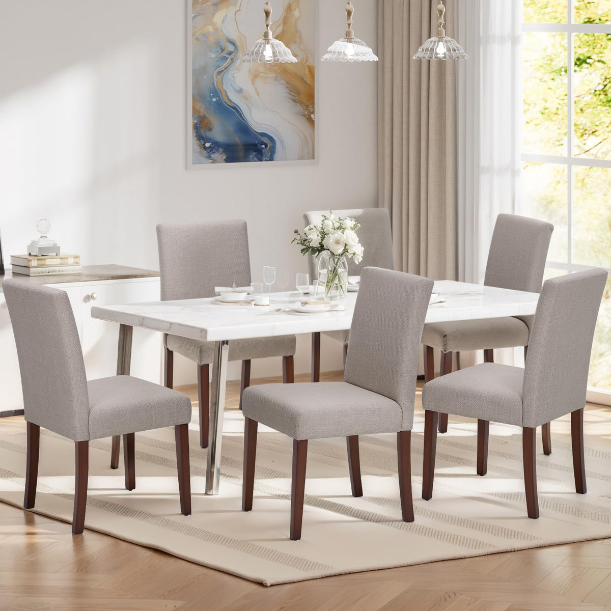 Upholstered Dining Chairs Set of 6, Modern Fabric Dining Room Chair, Wooden Dining Chair, Kitchen Side Chairs