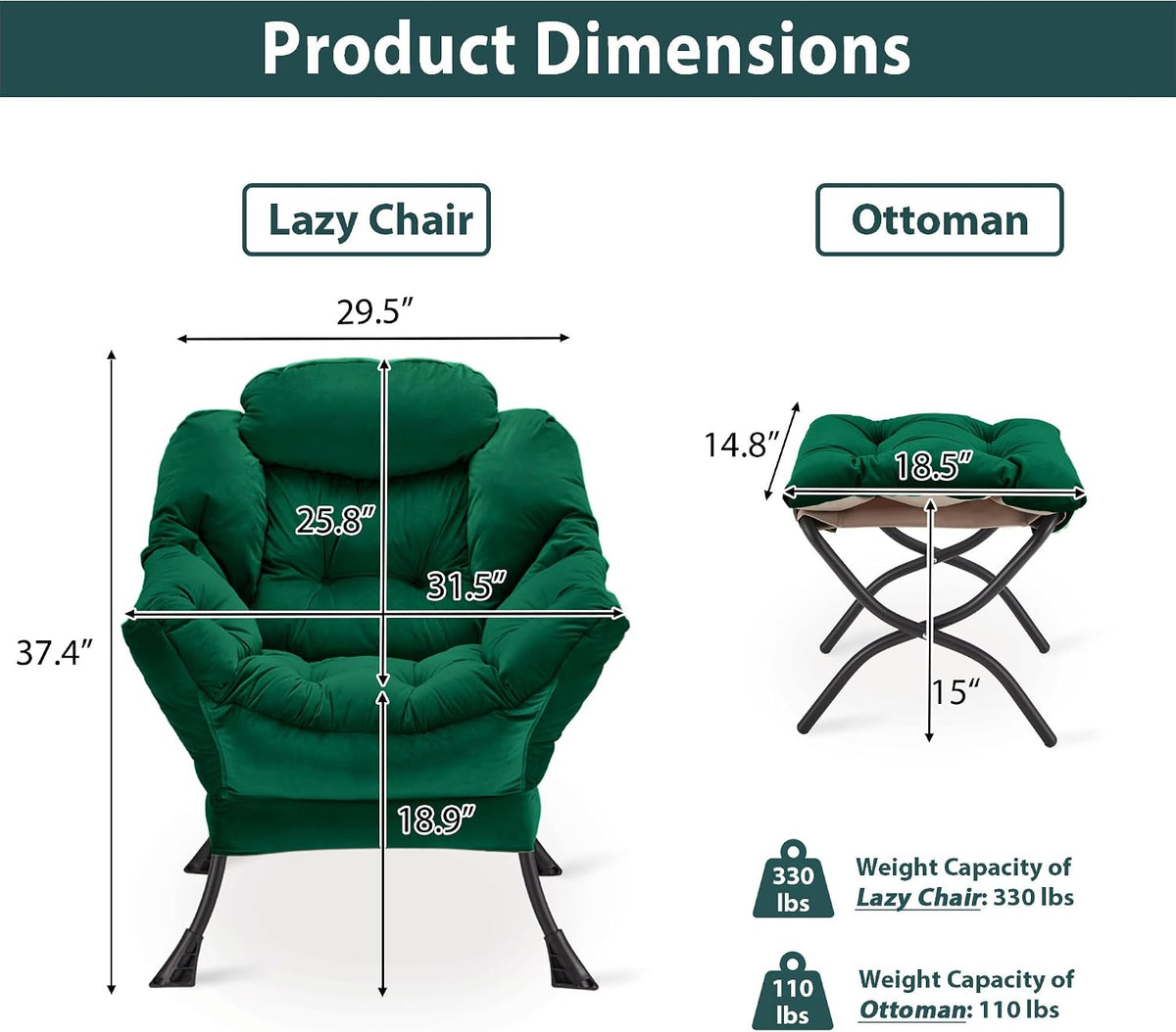 Lazy Chair with Folding Ottoman, Accent Chair Velvet Upholstered with Metal Structure and Non-Slip Pads, Sofa