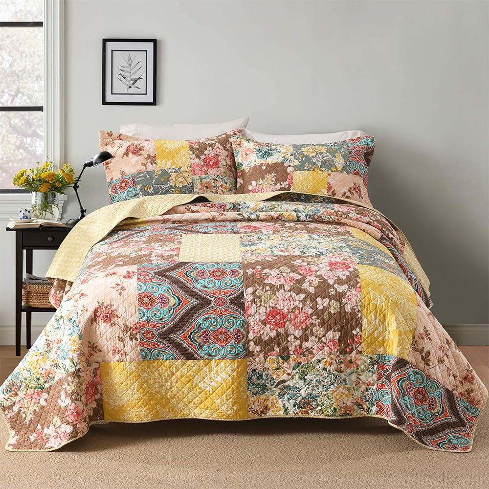 Cotton Quilt, Soft Breathable Bedspread with 2 Shams, Rustic Luxury Paisley Patchwork Quilt, Reversible