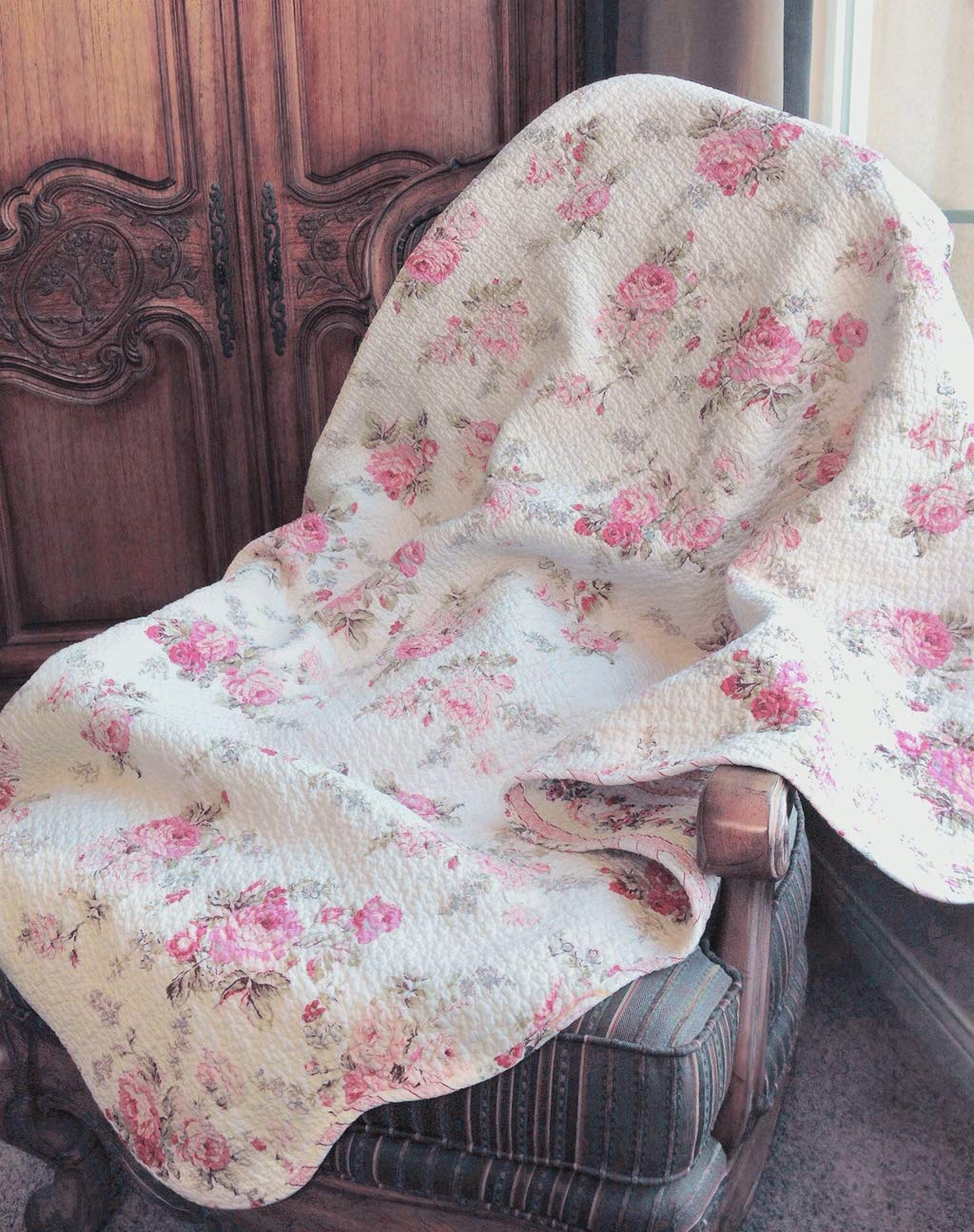 Josephine Spring Peony Pink Ivory Floral Shabby Chic Reversible 100% Cotton Quilted Throw Blanket 60" x 50" Machine