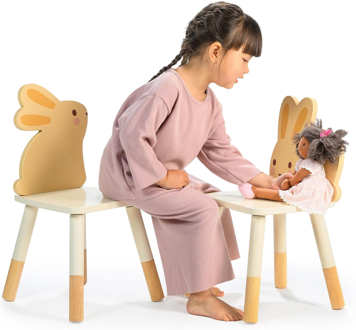 Kids Table and Chair Set with 2 Wooden Bunny Chairs, Cream Rubberwood Toddler Table, Wipe Clean, Non-Toxic Paint