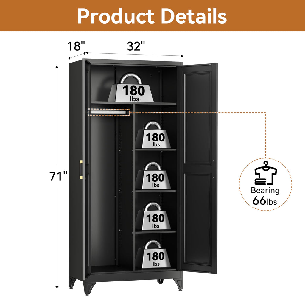 Metal Armoire Wardrobe Closet, 71" Tall Wardrobe Cabinet with 2 Doors