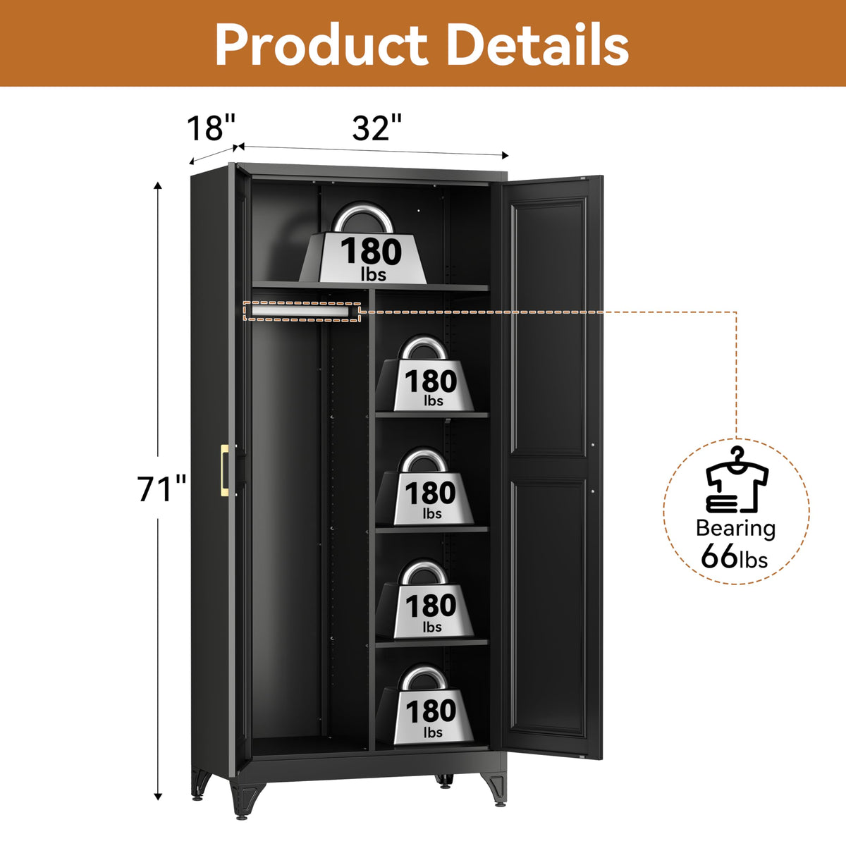 Metal Armoire Wardrobe Closet, 71" Tall Wardrobe Cabinet with 2 Doors