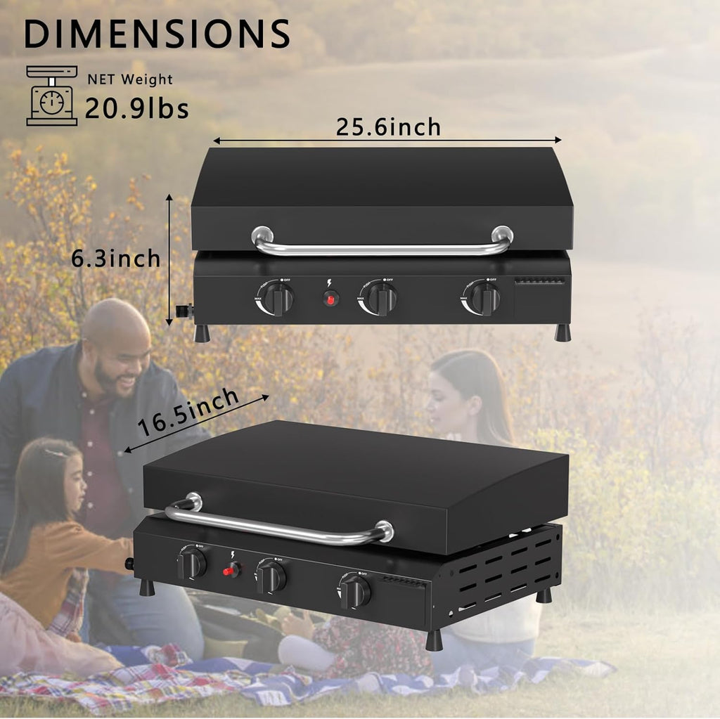 3-Burner Propane Gas Griddle with Hood, 23.3-Inch Portable Flat Top Grill, 45,000 BTU Outdoor Camping Griddle