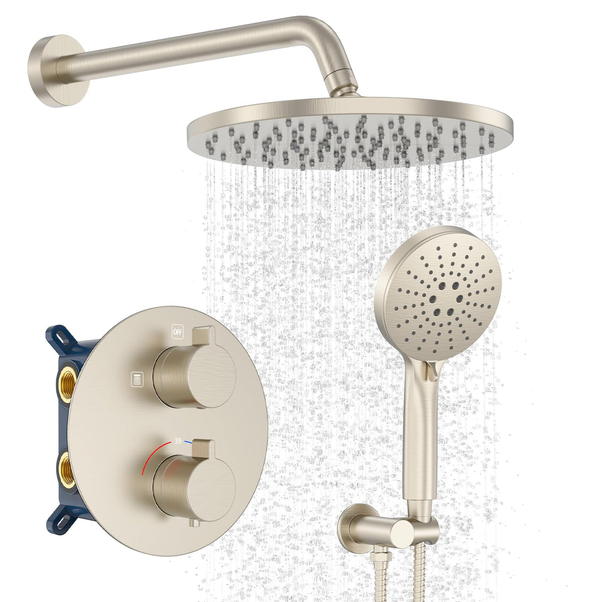 Thermostatic Shower System Wall Mount with 10 Inch Roud Rainfall Shower Head and Handheld,Shower Faucet Mixer Trim