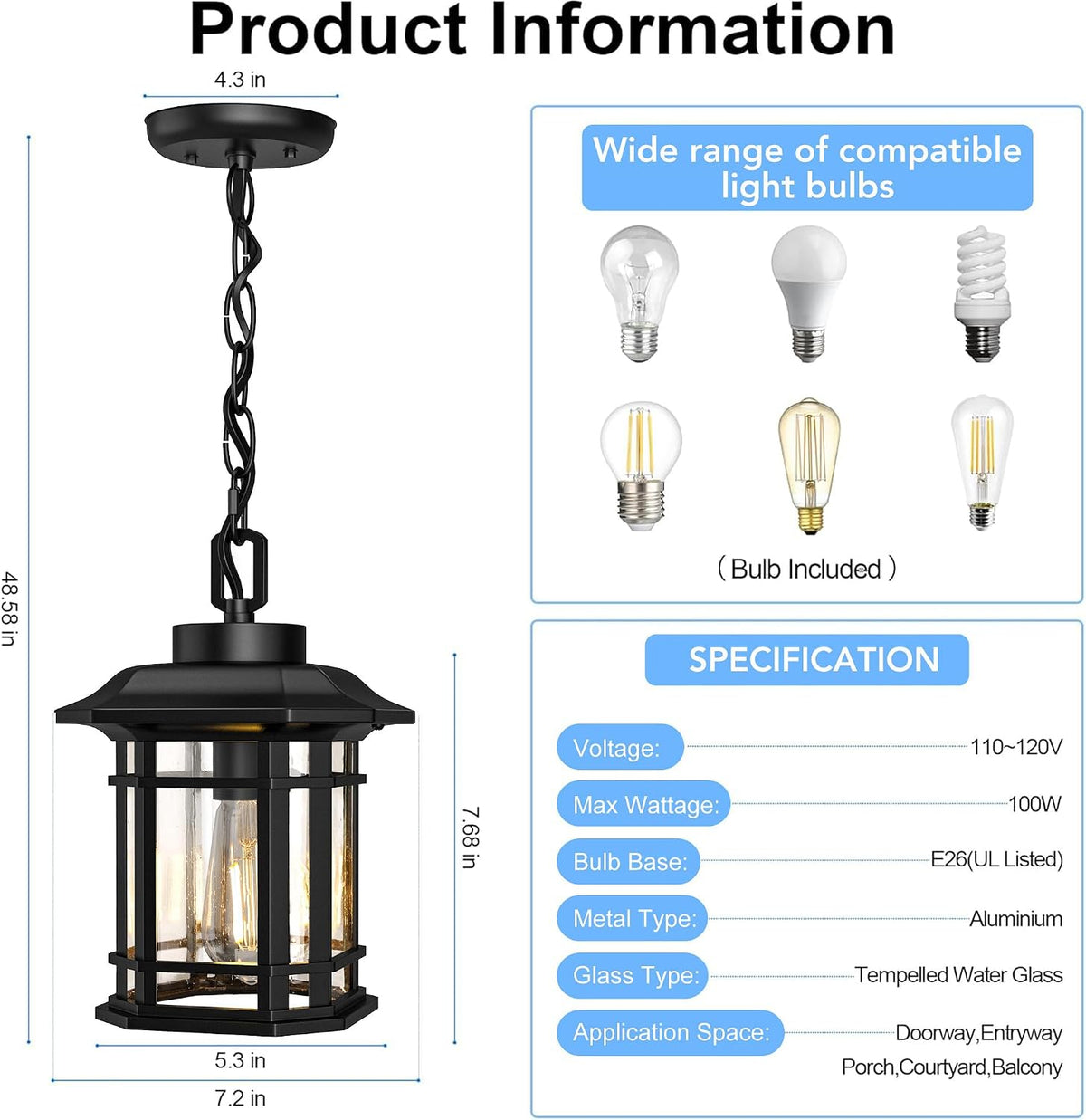 Outdoor Pendant Light Fixture, Exterior Hanging Lights, Hanging Lantern with Adjustable Chain