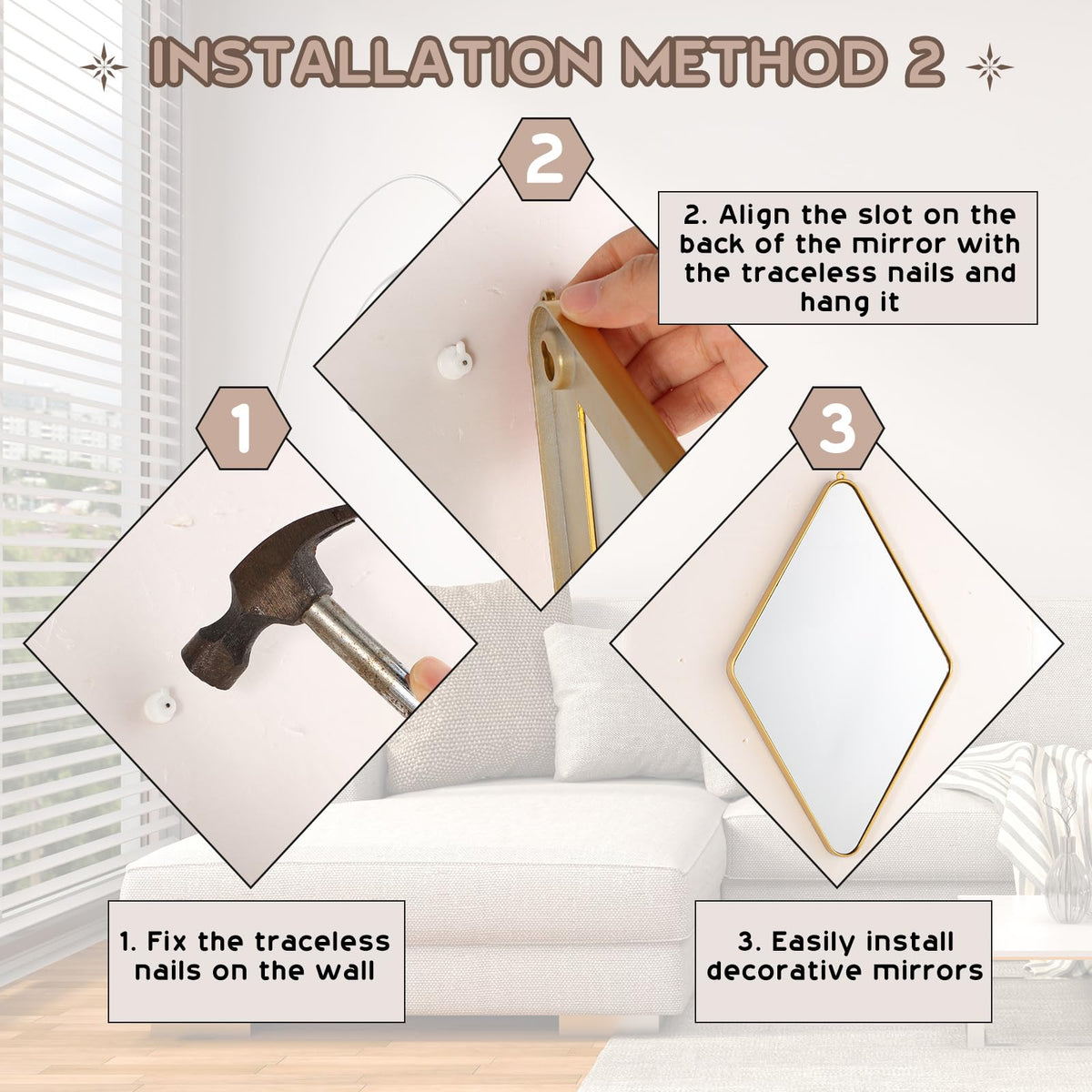 Diamond Wall Mirror Set with Hanging Diamond Handle Chain, Gold