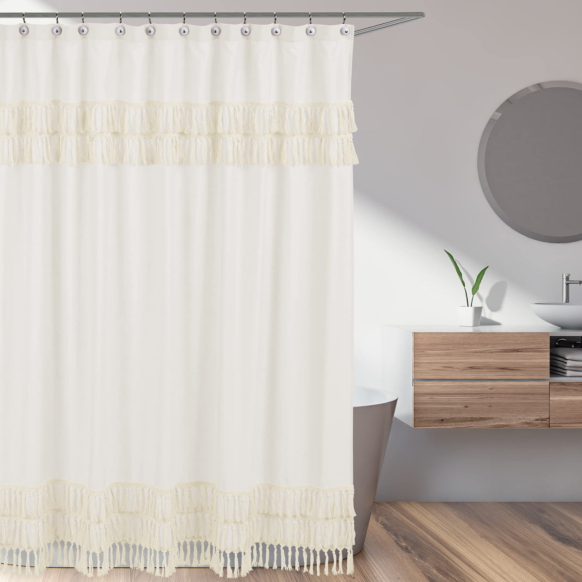 Minimalist Boho Chic Solid Ivory Cream Macrame Fringe Knotted Tassel Decorative Bathroom Fabric Bath Shower Curtain