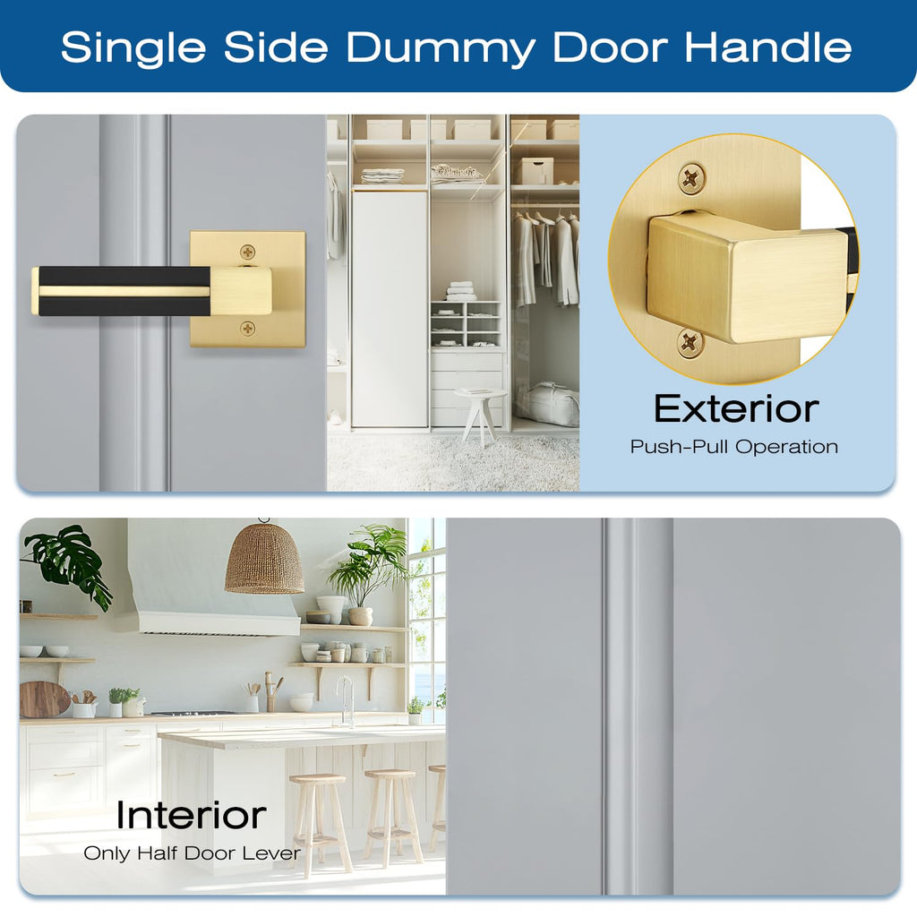 3 Pcs Gold Dummy Door Handles with Black Leather, Satin Brass