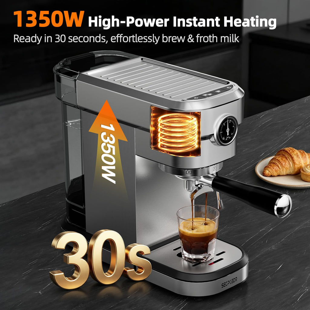 20 Bar Compact Espresso Machine with Pressure Gauge, Stainless Steel Espresso Maker with Milk Frother, Coffee Machine