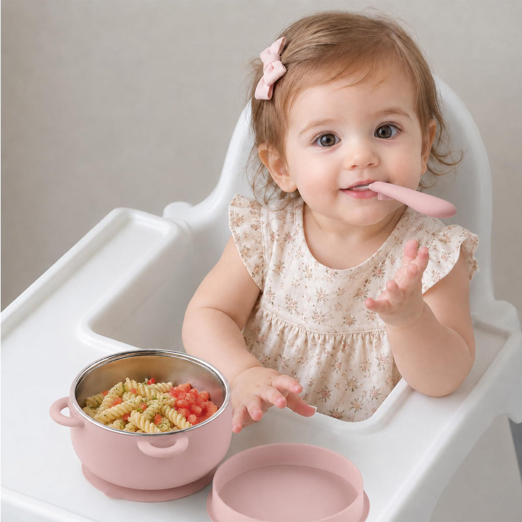 2-in-1 Stainless Steel Baby Bowls, Leak-Proof Lids & Suction Silicone Bowl, 13.5oz Toddler Bowls Kids Food Containers