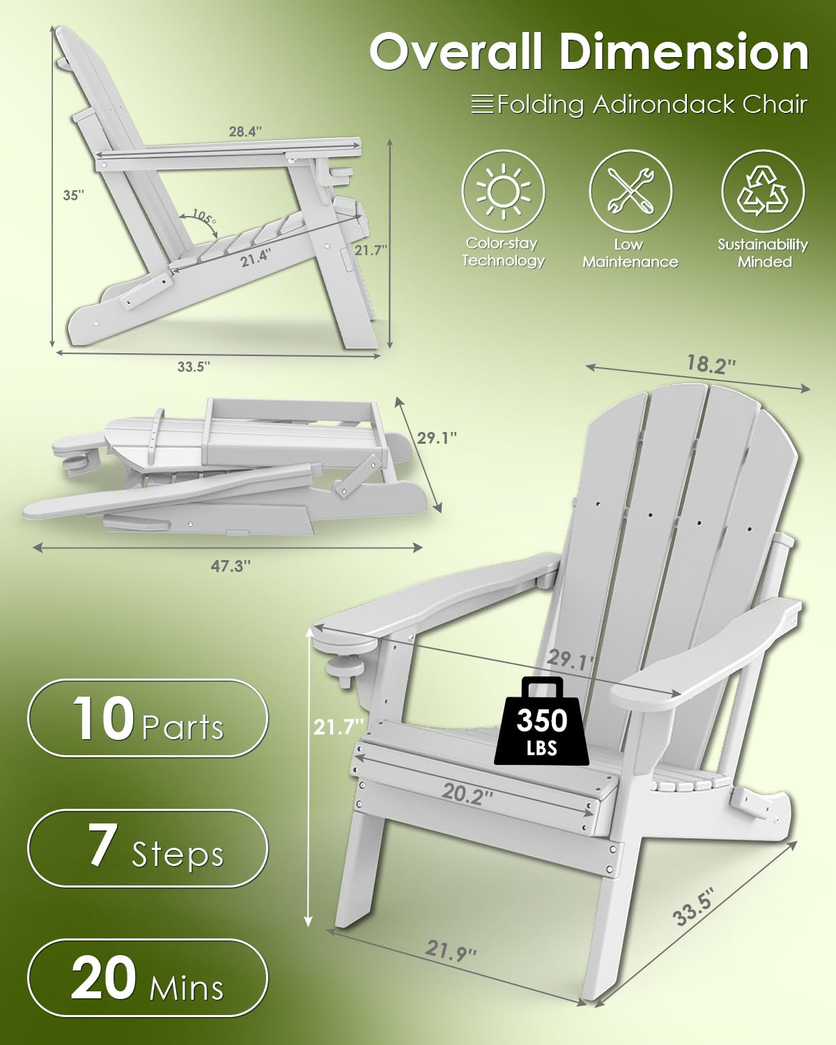 Folding-Adirondack-Chairs Set of 4, HDPE All Weather, White