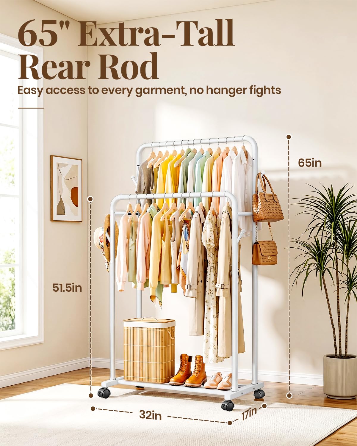 Double Rods Clothing Rack for Hanging Clothes, Portable Wardrobe Closet Rack, Metal Garment Rack with Rolling Wheels