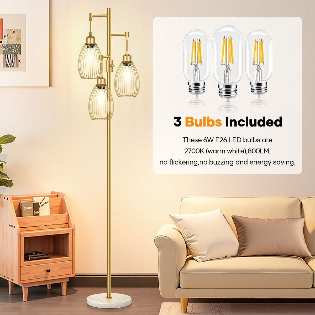 Dimmable Floor Lamp,3x800LM LED Bulbs Included, Farmhouse Industrial Floor Lamp Standing Tree Lamp with Teardrop Cage