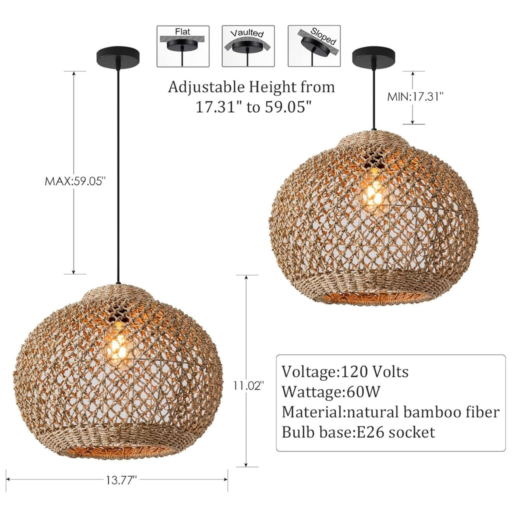 Rattan Pendant Light, 13.78" Seagrass Chandelier