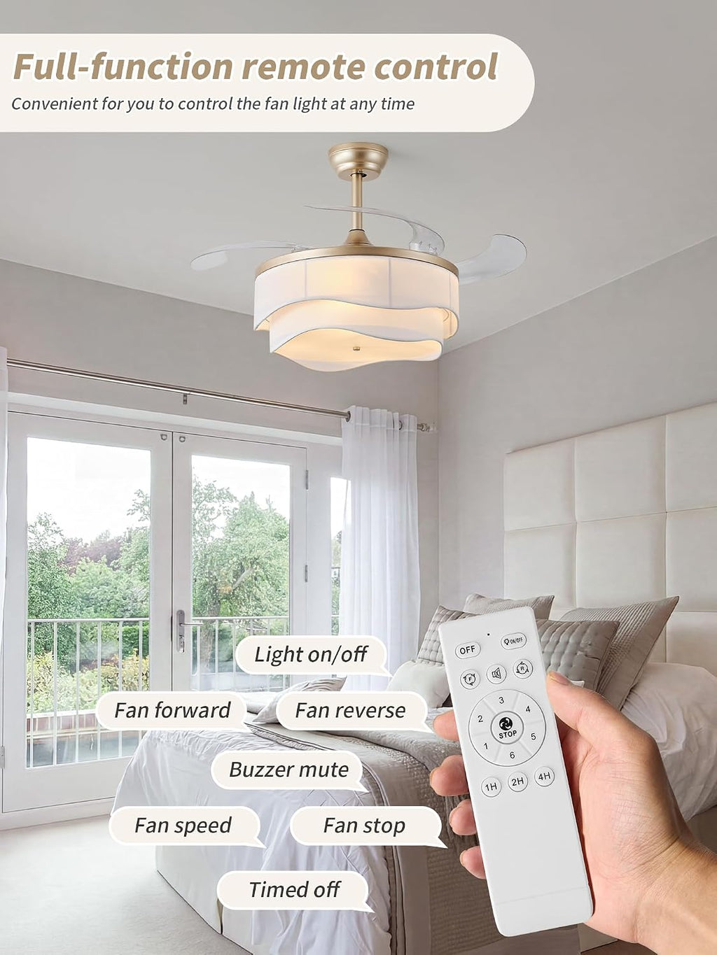 42" Gold Caged Chandelier Retractable Ceiling Fan with Light & Remote