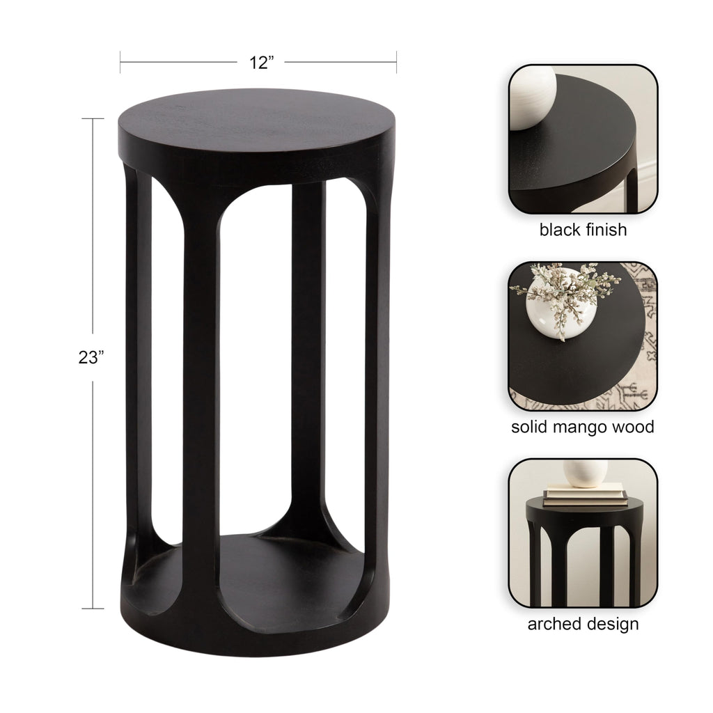 Inspired Saarinen Style Dahl Modern Slatted Wooden Round Drink Table; 12 x 23; Black; Transitional Wood Accent Pedestal Table for Use as