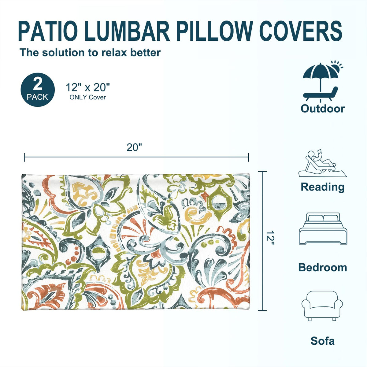 Pack of 2 Outdoor Waterproof Lumbar Pillow Covers Only, 12x20 Rectangle Decorative Double Printed Pillow Cases Couch