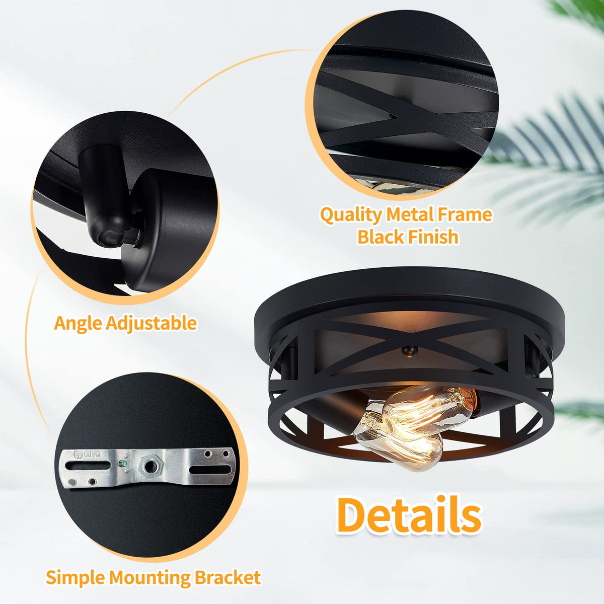 2 Pack Black Flush Mount Ceiling Light, Industrial Farmhouse Metal Cage Black Light Fixtures Ceiling Mount Entryway