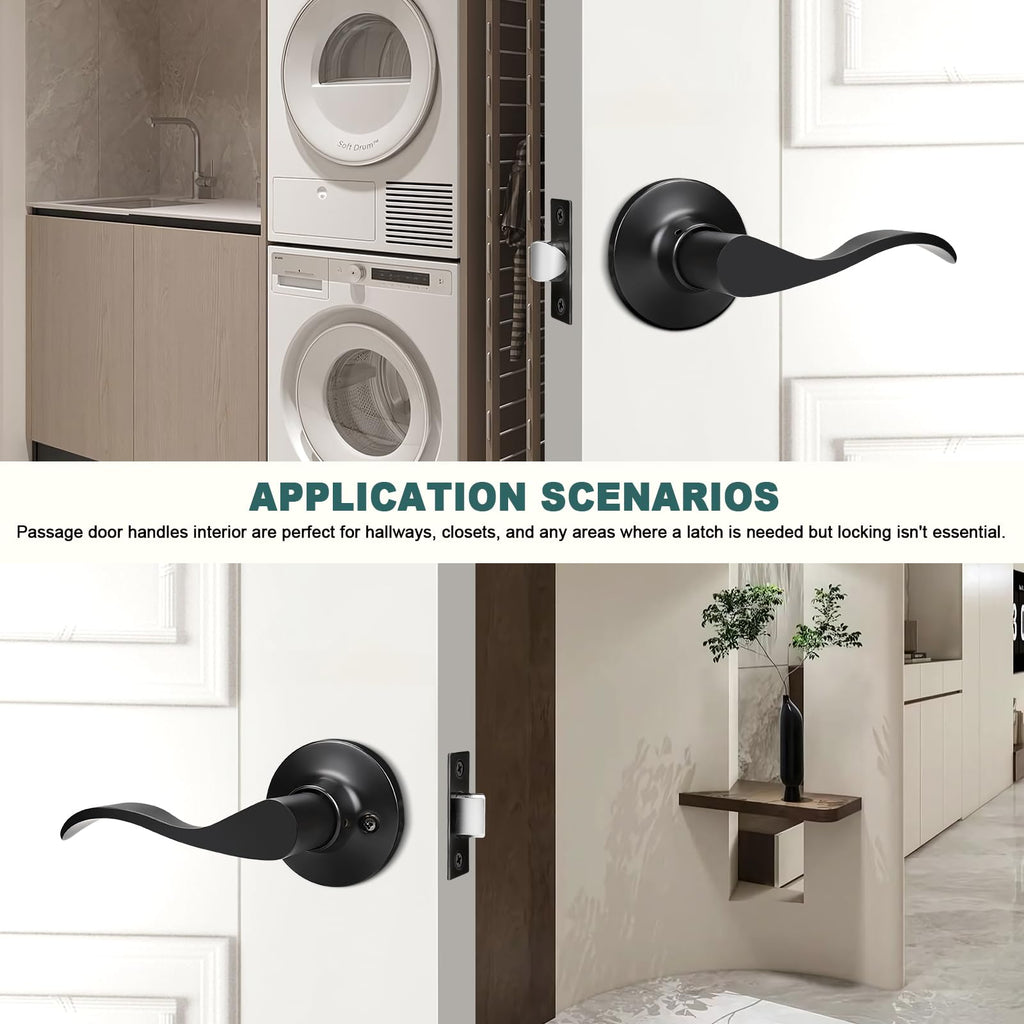 5 Pack Matte Black Passage Door Levers Interior Door Handles and Closet Door Lock Keyless Wave Lever Door Handles