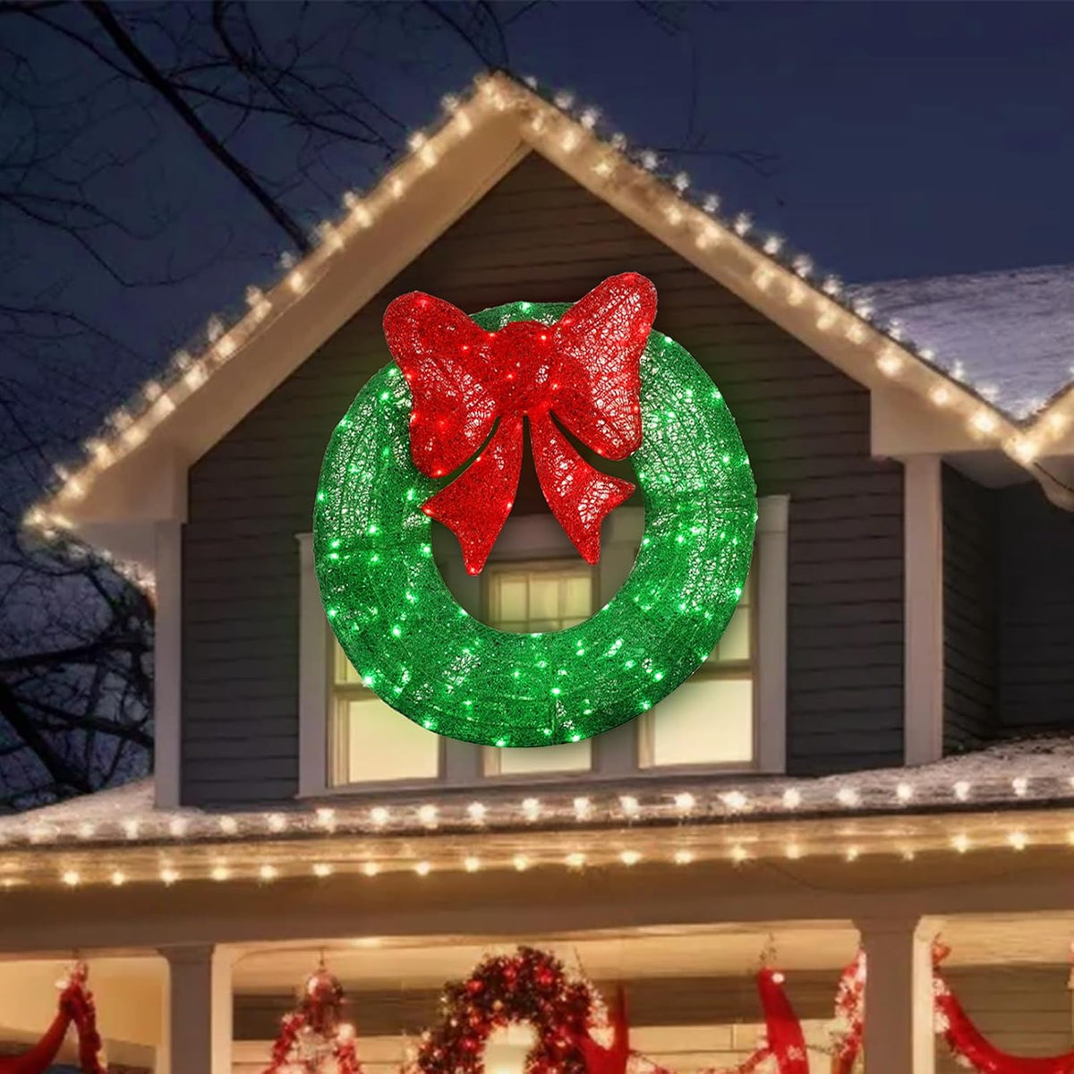 48in Pre-Lit Outdoor Christmas Wreath Decoration, 234LED Lights Metal Holiday Decor , Bow - Green/Red