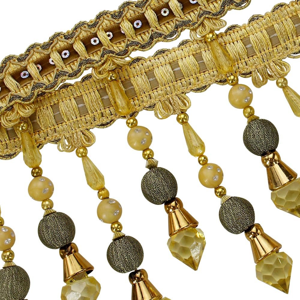 Beading Fringe Trimming Long Beads Tassel Curtain Trim Ribbon Trim for Cover Edge Decorative (Gold) - 3yards