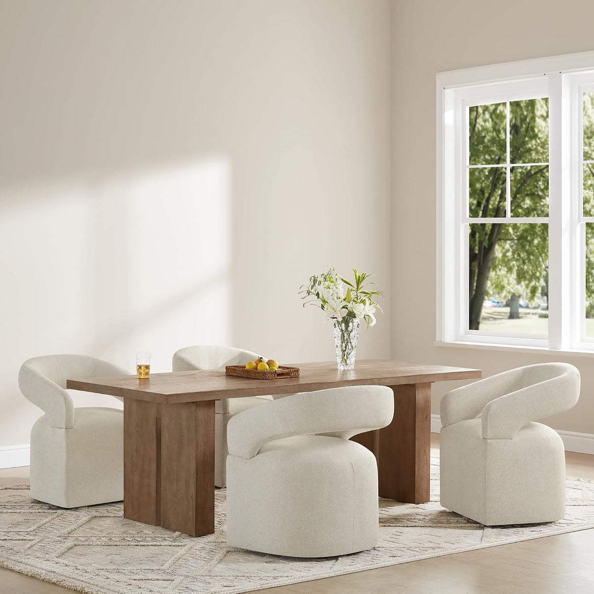 Upholstered Dining Chairs Set of 4, Modern Rolling Dining Chairs with Hidden Casters, Arm Kitchen Chairs with Linen