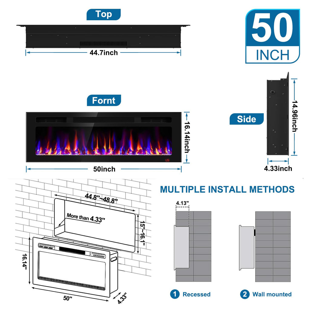 50 Inch Electric Fireplace Recessed and Wall Mounted, Fireplace Heater and Linear Fireplace, Ultra-Thin Electric