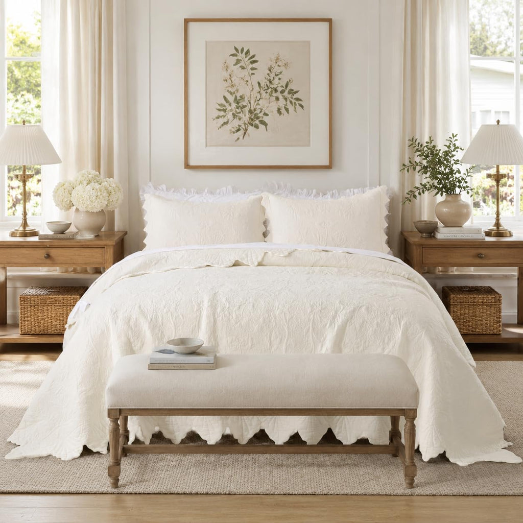 Cotton Quilt Set Scalloped Stitching Matelasse Coverlet 3PC