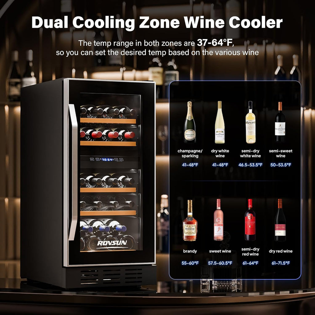26 Bottle Wine Fridge, Dual Zone Wine & Beverage Refrigerator w/Independent Temp & LED Control Panel, Built
