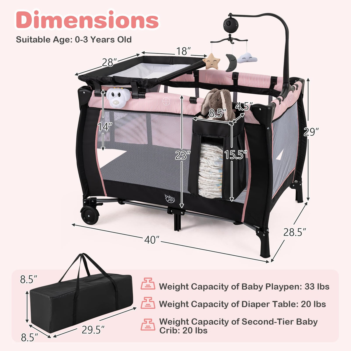 3 in 1 Play Yard, Portable Baby Playard w/Bassinet