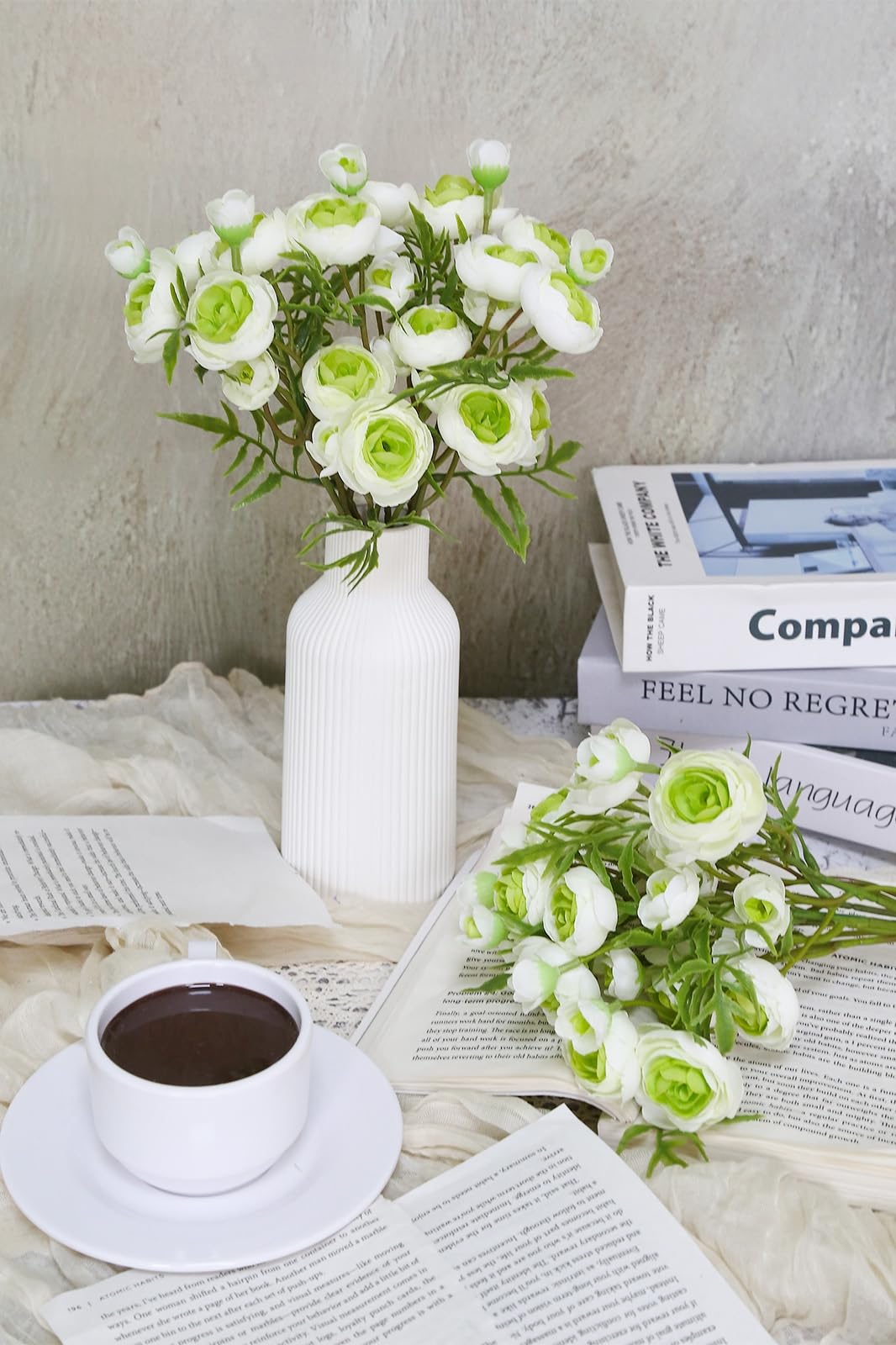 60 Heads Green Faux Ranunculus Flowers 2 Bouquets Small Fake Peonies Flowers 12.6" Artificial Ranunculus Mini
