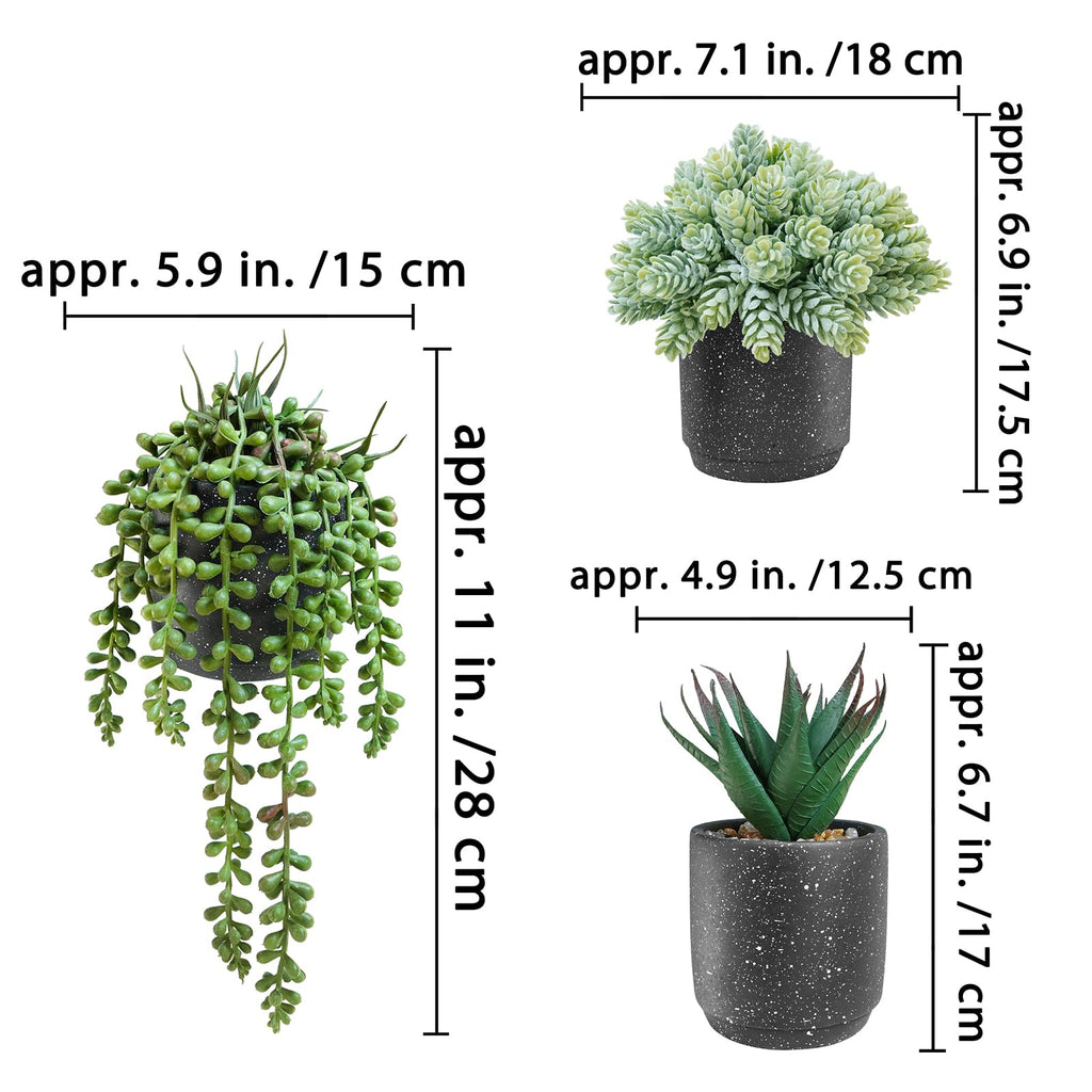 3-Pack Artificial Potted Succulent Plants - Aloe, Hops, String of Pearls - Realistic Faux Plants in Black Cement Pots