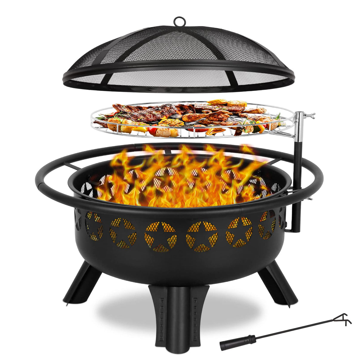 2 in 1 Fire Pit with Grill, Large 31" Wood Burning Fire Pit with Swivel Cooking Grate Outdoor Firepit for Backyard