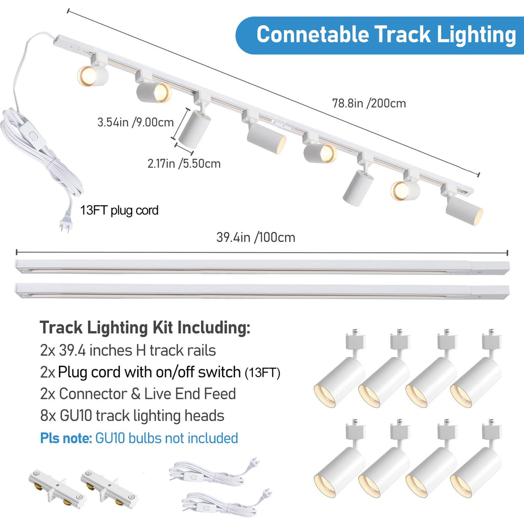 Plug in Track Lighting with Power Cord, 8 Light LED Track Lighting Kit with Connectable Rails, GU10 Kitchen Track