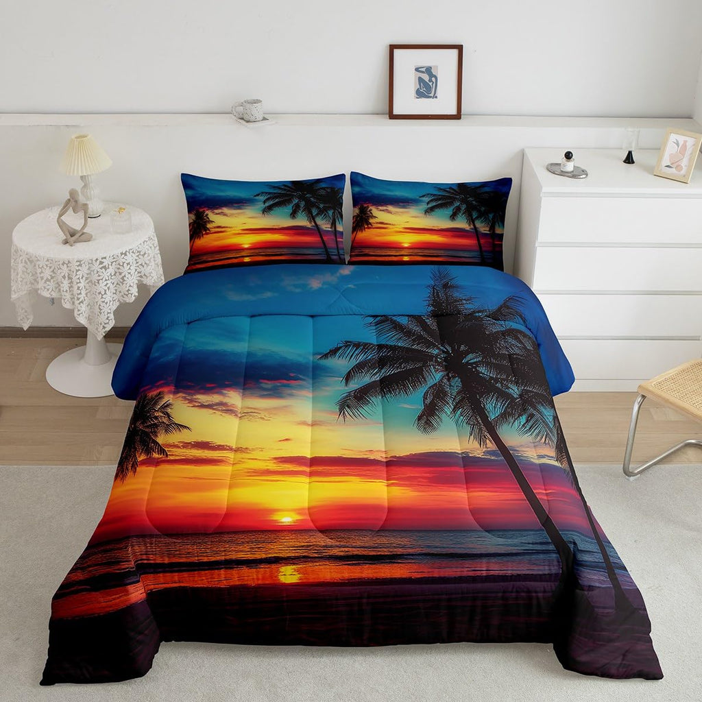 Palm Leaf Comforter Set, Ocean Beach Down Comforter, Nature Theme Duvet Set, Sunset Bedding Set Decorative