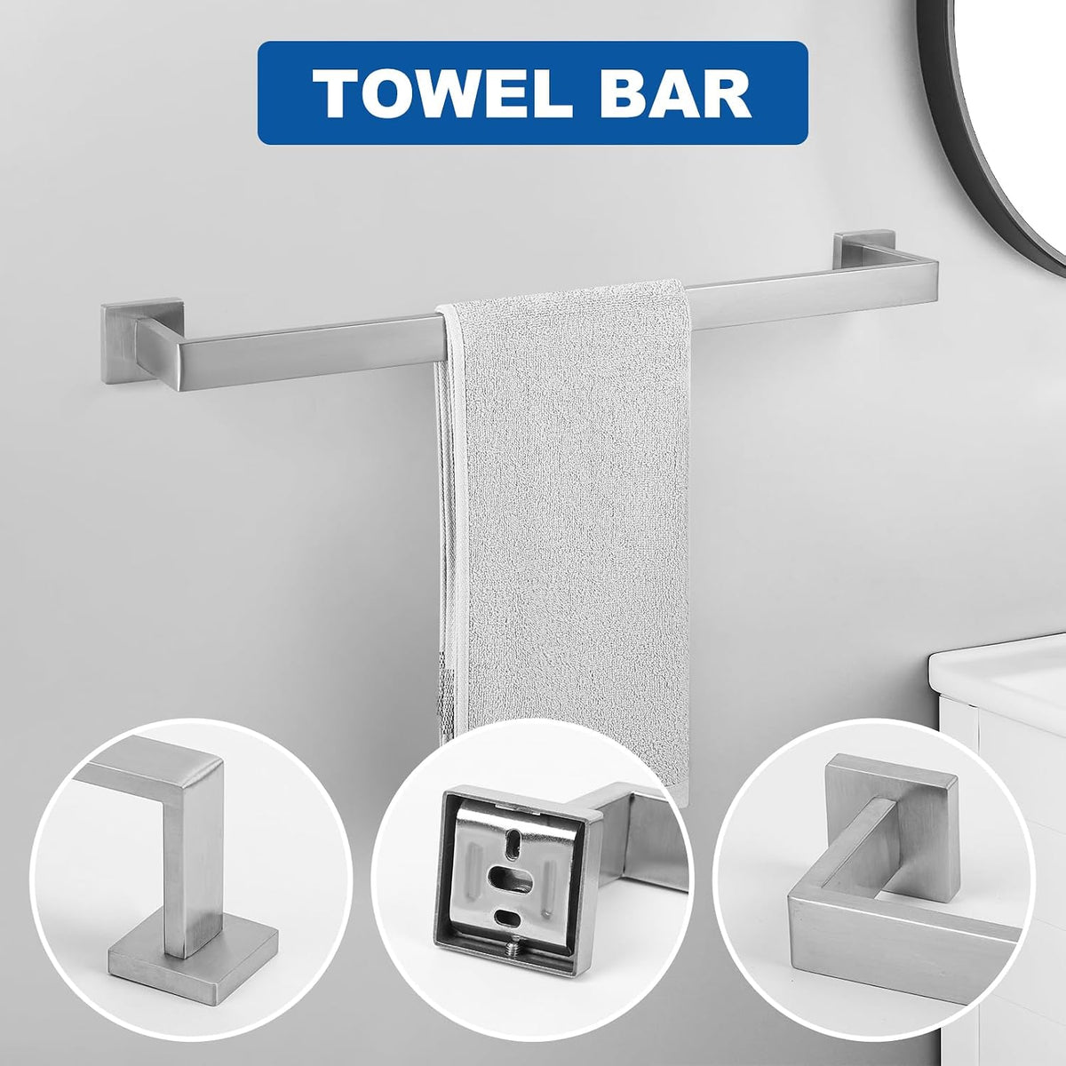 15-Pieces Brushed Nickel Bathroom Hardware Set, 24 inch Towel Bar Set | Towel Bar, Square Towel Ring Toilet Paper