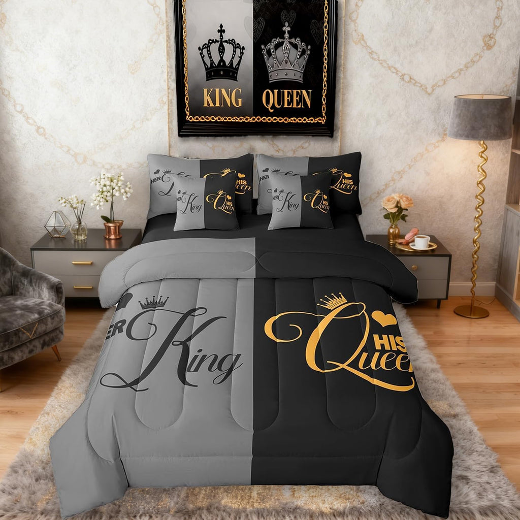 King and Queen Crown Comforter Set, 7 Piece Bed in a Bag, Her King and His Queen Comforter and Sheet Set, Romantic - Set of 7