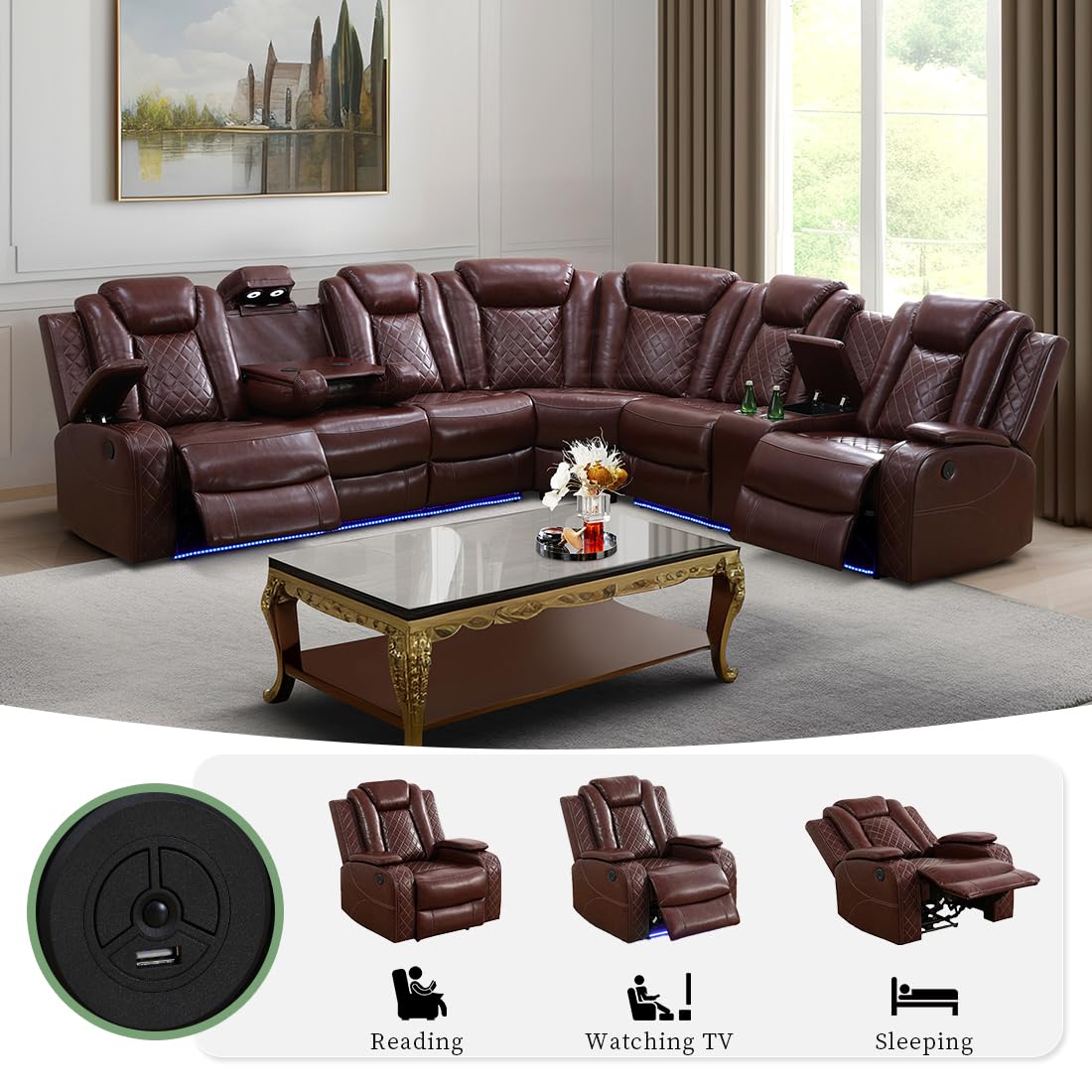 Leather Sectional 3-Piece Living Room Furniture Sets with LED Light