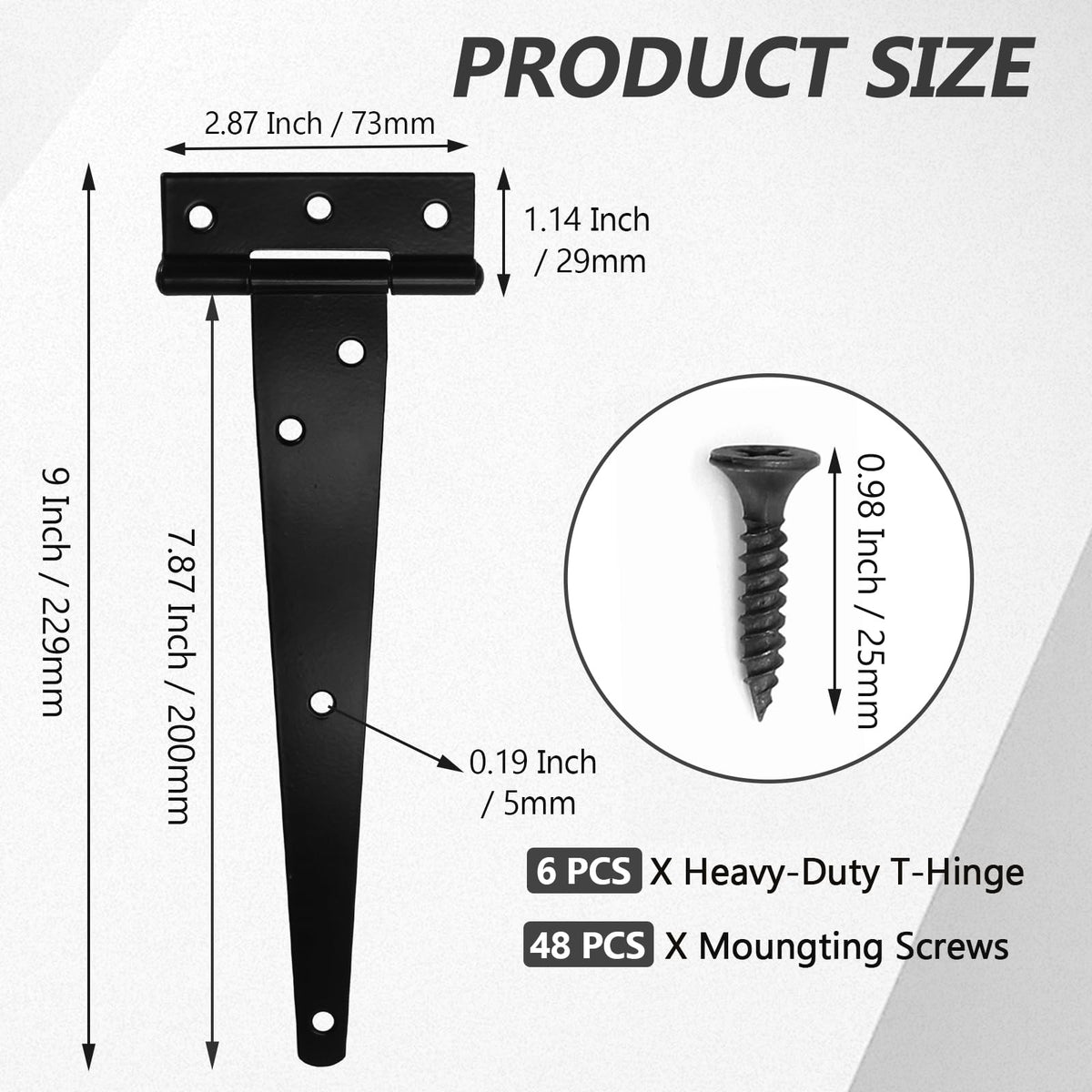 Heavy Duty T-Strap Hinge, Black, 8 Inch, 6 pcs