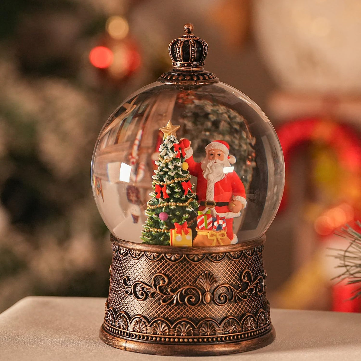 Snow Globe Christmas with Santa Claus, Lighted Christmas Snow Globes with Timer, Swirling Musical Glittering