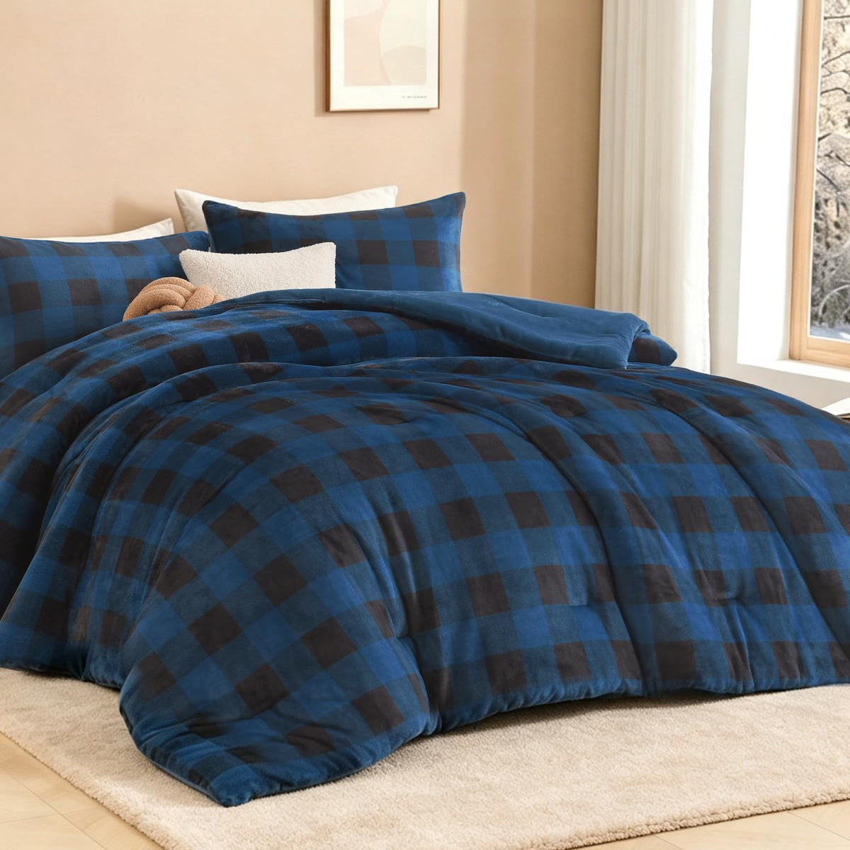 Velvet Flannel Plaid Comforter Set, 3 Pcs Blue Blanket