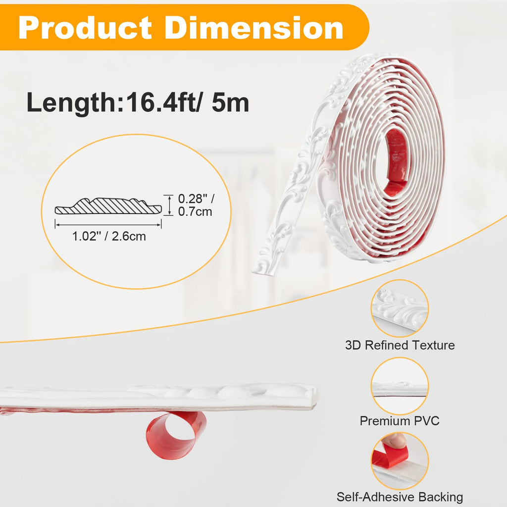 16.4FT x 1.02'' White Peel and Stick Crown Molding Trim - Flexible Decorative Mirror Frame Border, Self-Adhesive