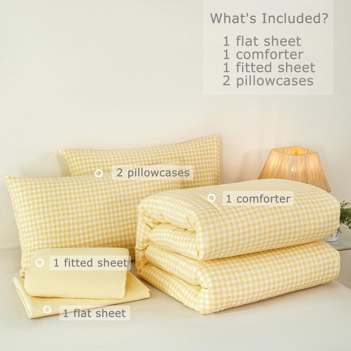 Gingham Bedding Sets 5Pcs Yellow Soft Plaid Bed in a Bag