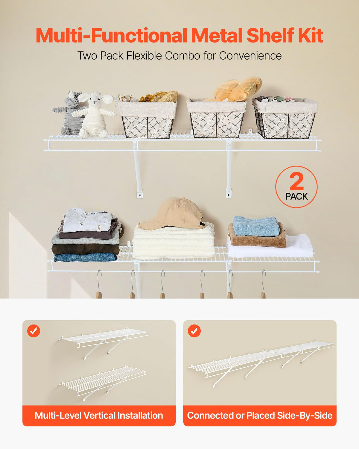 Wire Shelf Kit, 4 ft, Set of 2, Wall Mounted Wire Shelves, Heavy-Duty Carbon Steel Hanging Shelf, Floating Wall