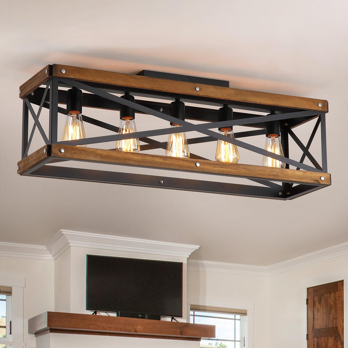 5-Light Large Rustic Farmhouse Wood Flush Mount Ceiling Light Fixture 31.5 inch Oak Wood and Metal Rectangular Track