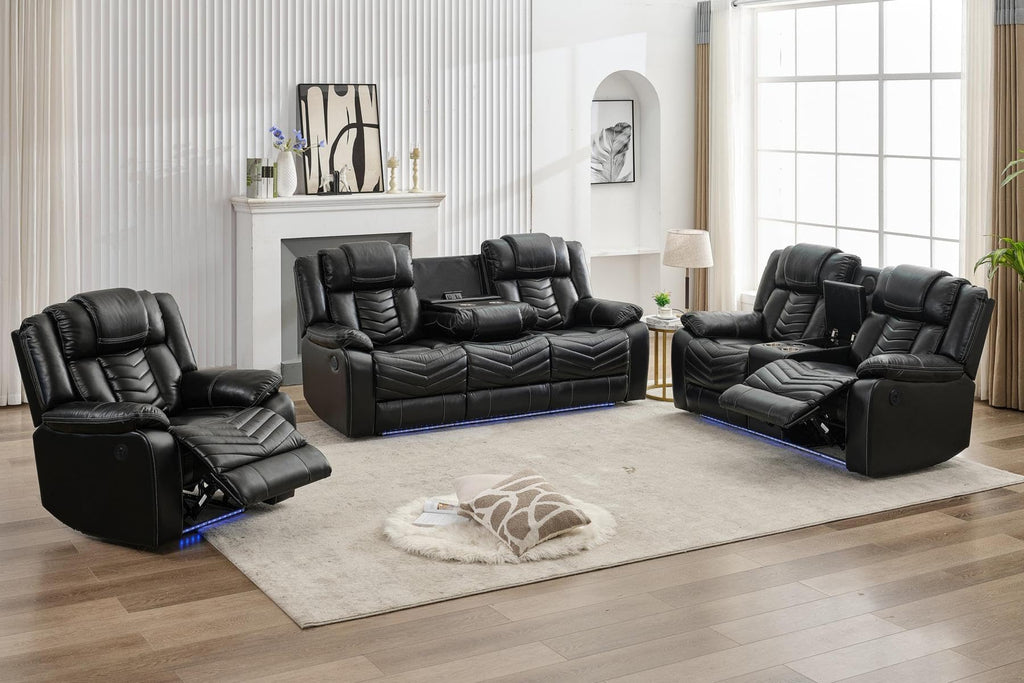 Power Recliner Sofa Set with Zero Gravity, Bass Speaker, Wireless Charger, USB/Type-C Ports, LED Lights, Cup Holders, Faux