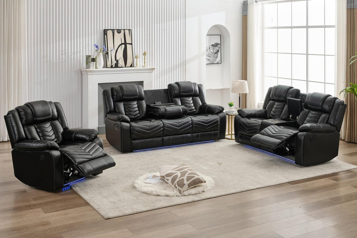 Power Recliner Sofa Set with Zero Gravity, Bass Speaker, Wireless Charger, USB/Type-C Ports, LED Lights, Cup Holders, Faux